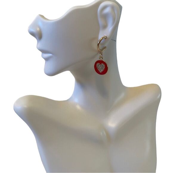 Panacea Pave Crystal & Red Heart Dangle Earrings. - Picture 1 of 6